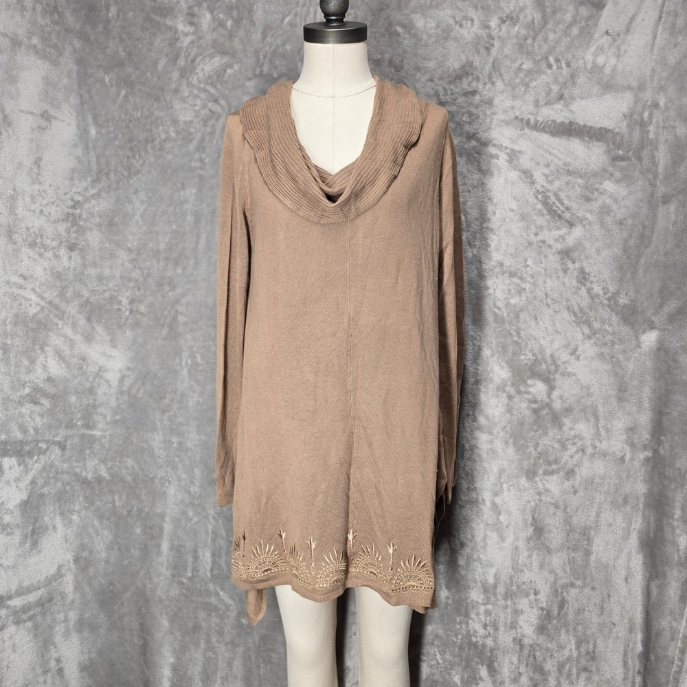 Soft Surroundings Cowl Neck Tunic Sweater Modal Cashmere Blend Embroidered Hem L